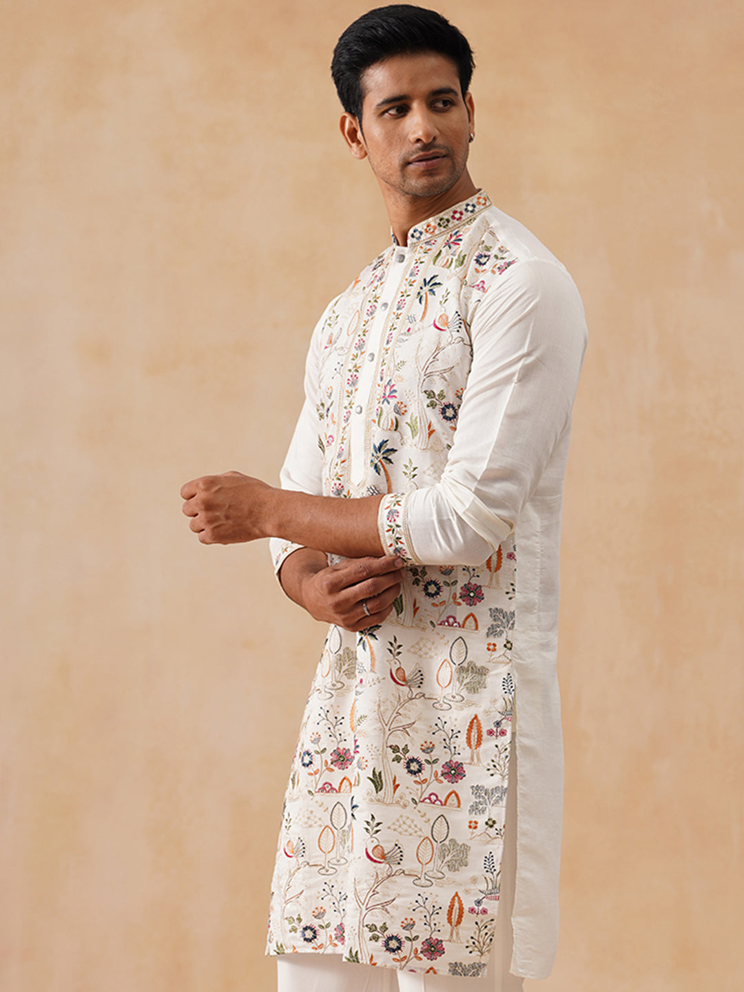 Silk Blend Kurta with Multicolor Embroidery ( KO 5283 White )
