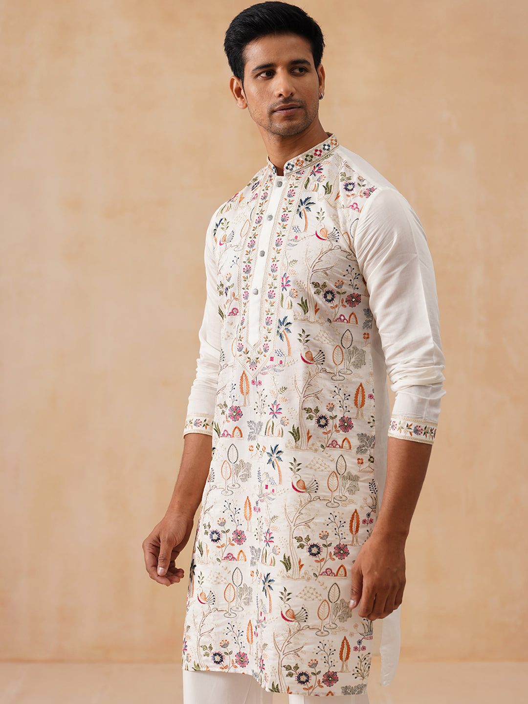 Silk Blend Kurta with Multicolor Embroidery ( KO 5283 White )
