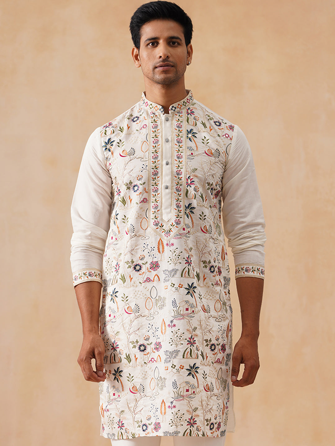 Silk Blend Kurta with Multicolor Embroidery ( KO 5283 White )