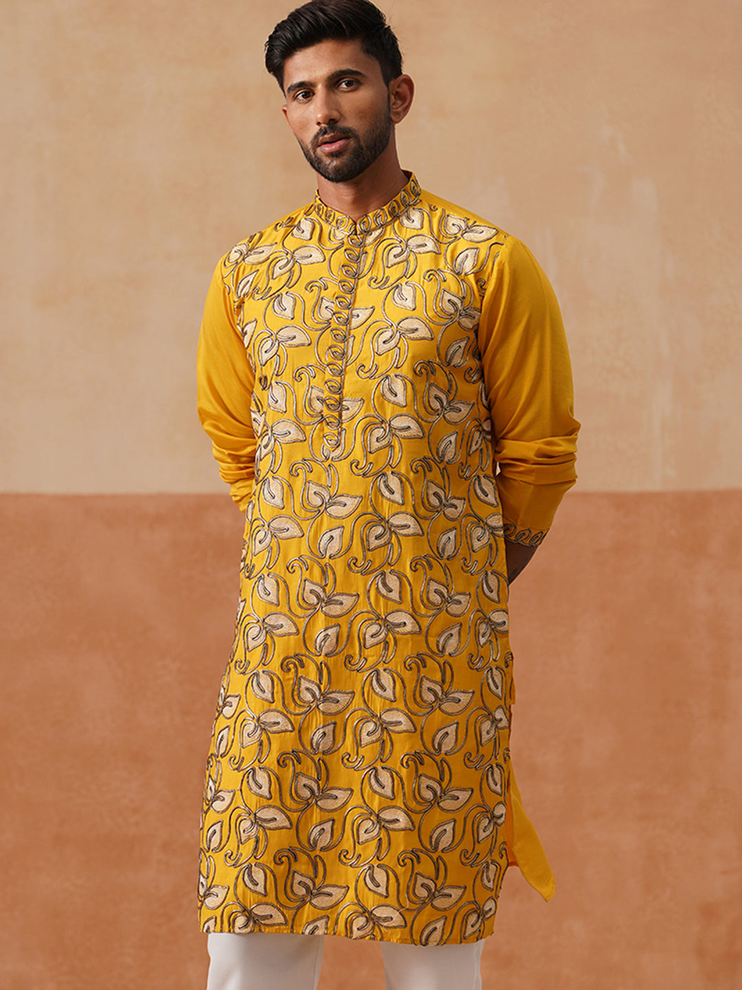 Floral Thread Embroidered Silk Blend Kurtas ( KO 5290 Mustard )