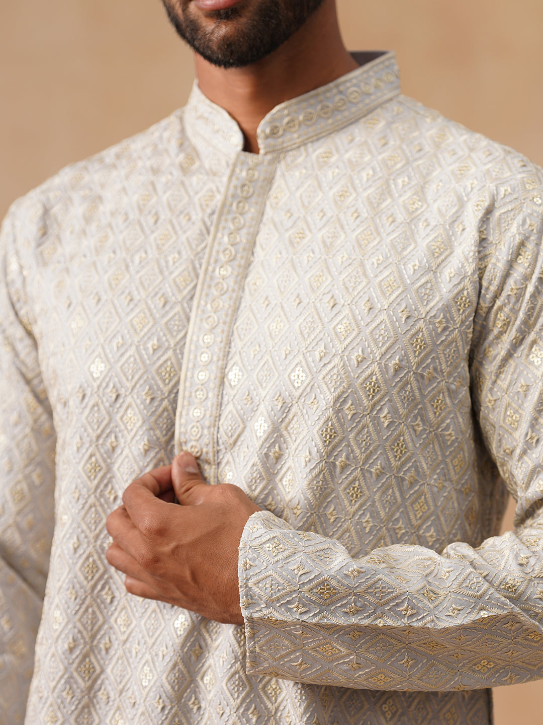 Men’s Festive Kurta with Intricate Embroidery ( KO 5293 Grey )