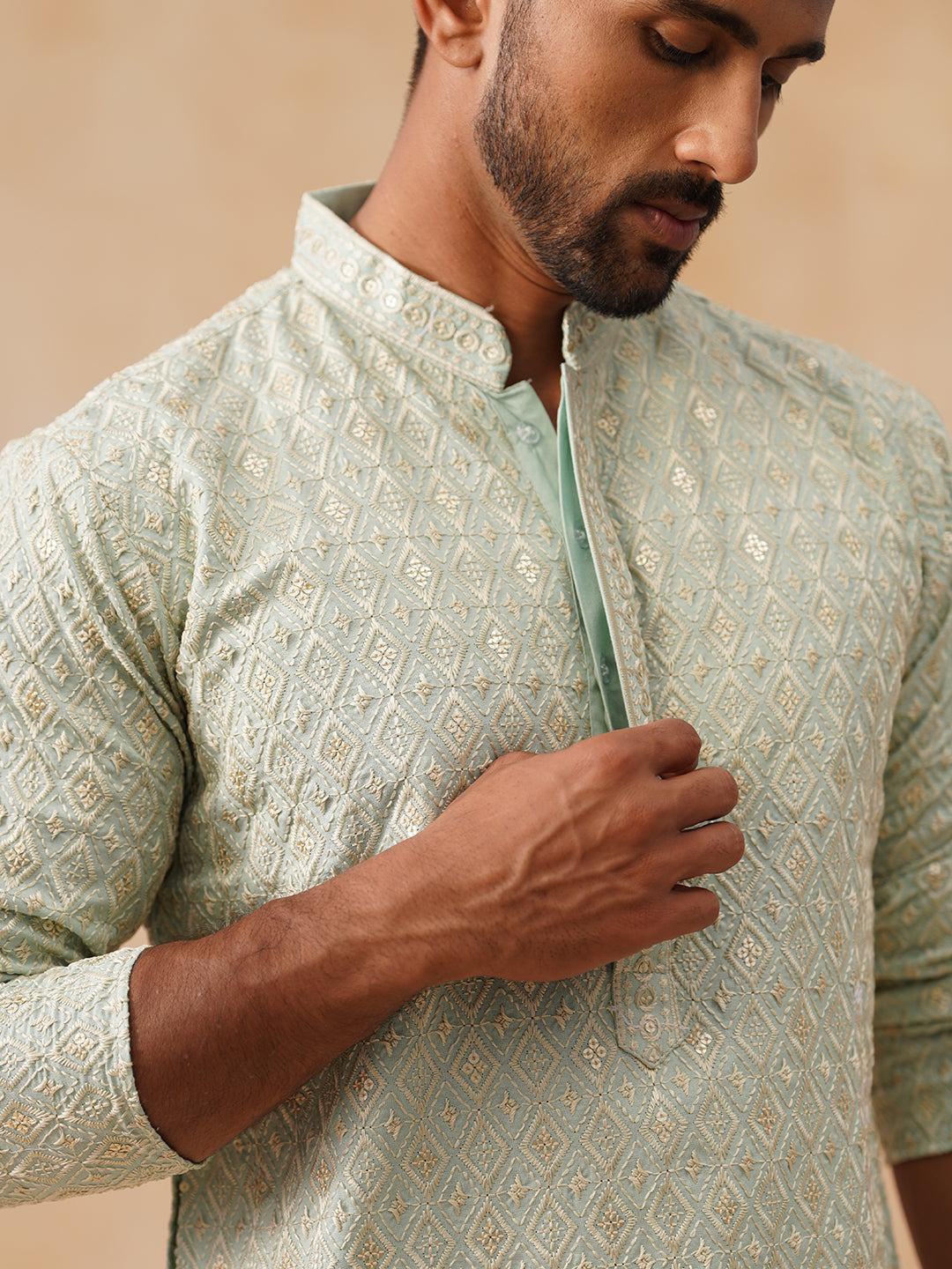 Men’s Festive Kurta with Intricate Embroidery ( KO 5293 Green )