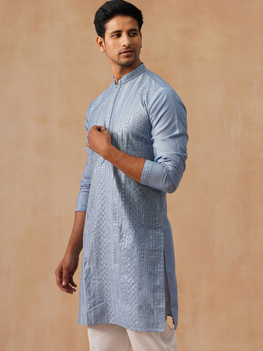 Embroidered Silk Blend Kurtas ( KO 5294 Blue )