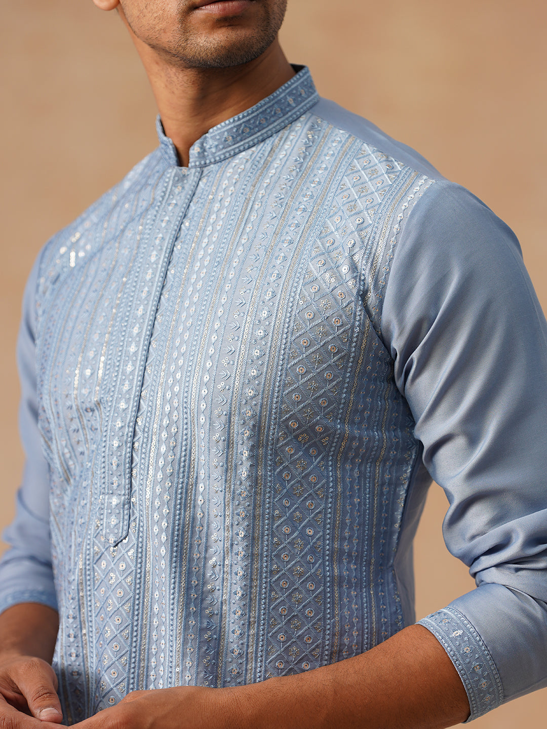 Embroidered Silk Blend Kurtas ( KO 5294 Blue )