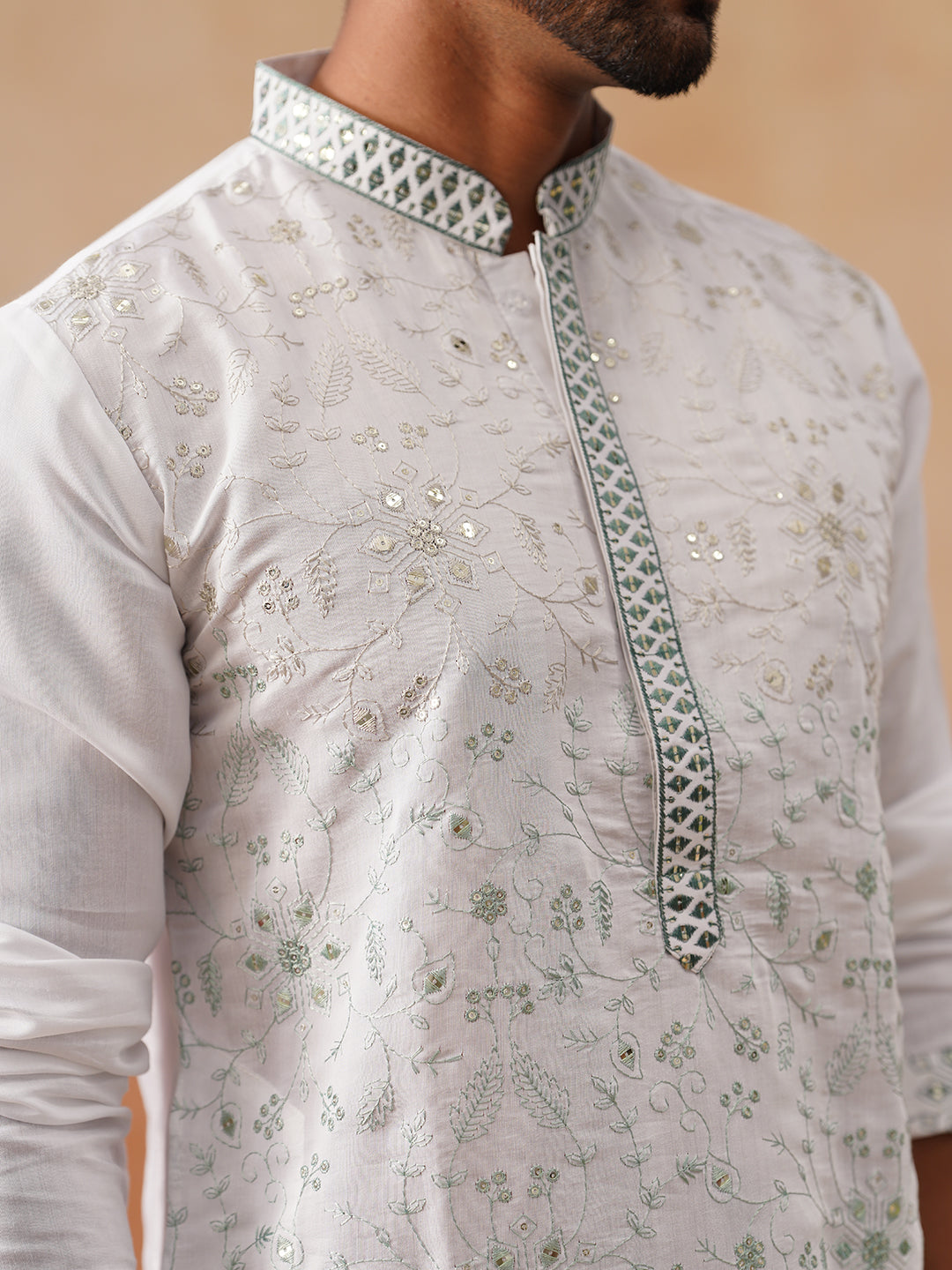 Men’s Silk Blend Embroidered Kurtas ( KO 5296 White )