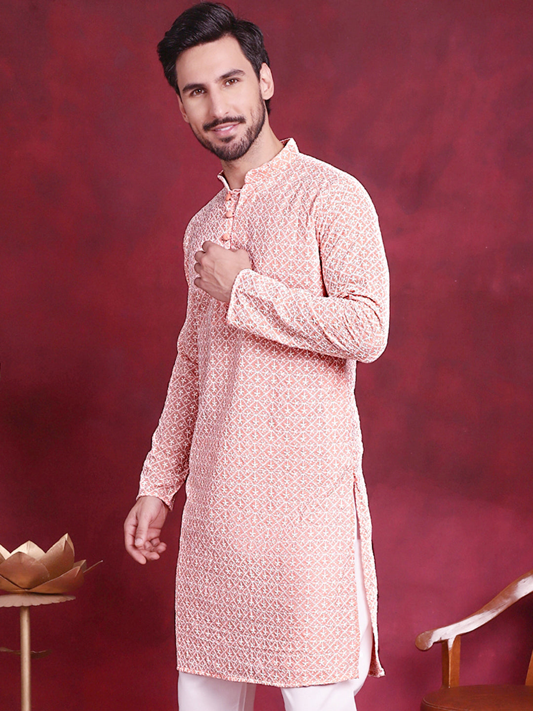 Jompers Men's Orange Embroidered Kurta Payjama Sets ( JOKP 626 Orange )
