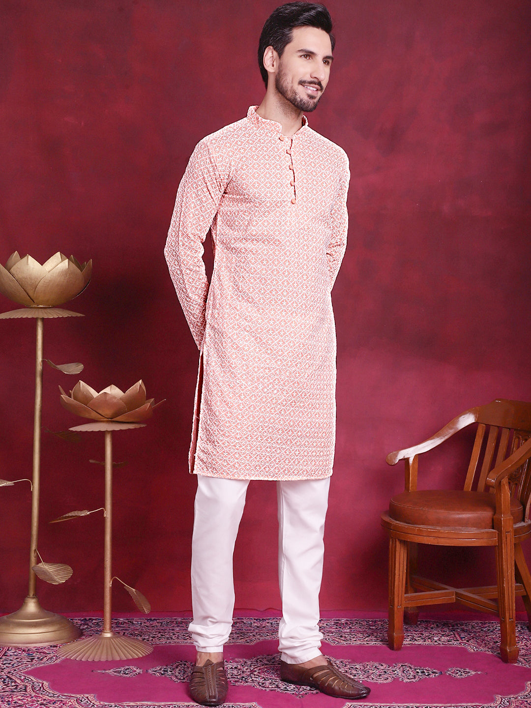 Jompers Men's Orange Embroidered Kurta Payjama Sets ( JOKP 626 Orange )