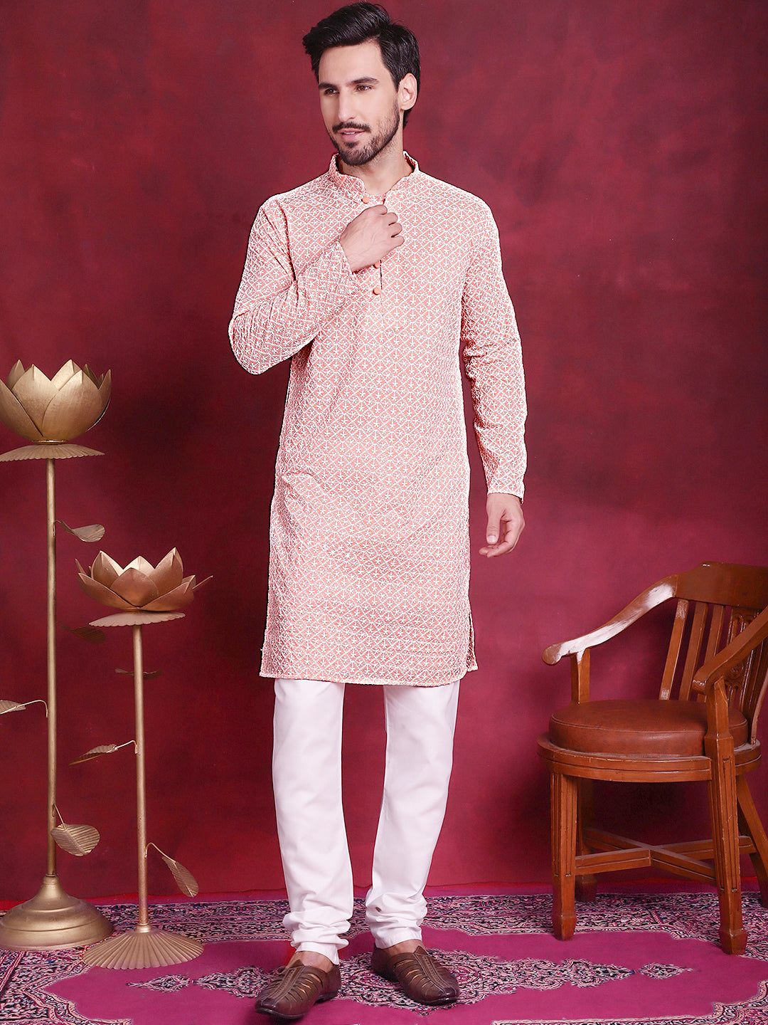 Jompers Men's Orange Embroidered Kurta Payjama Sets ( JOKP 626 Orange )