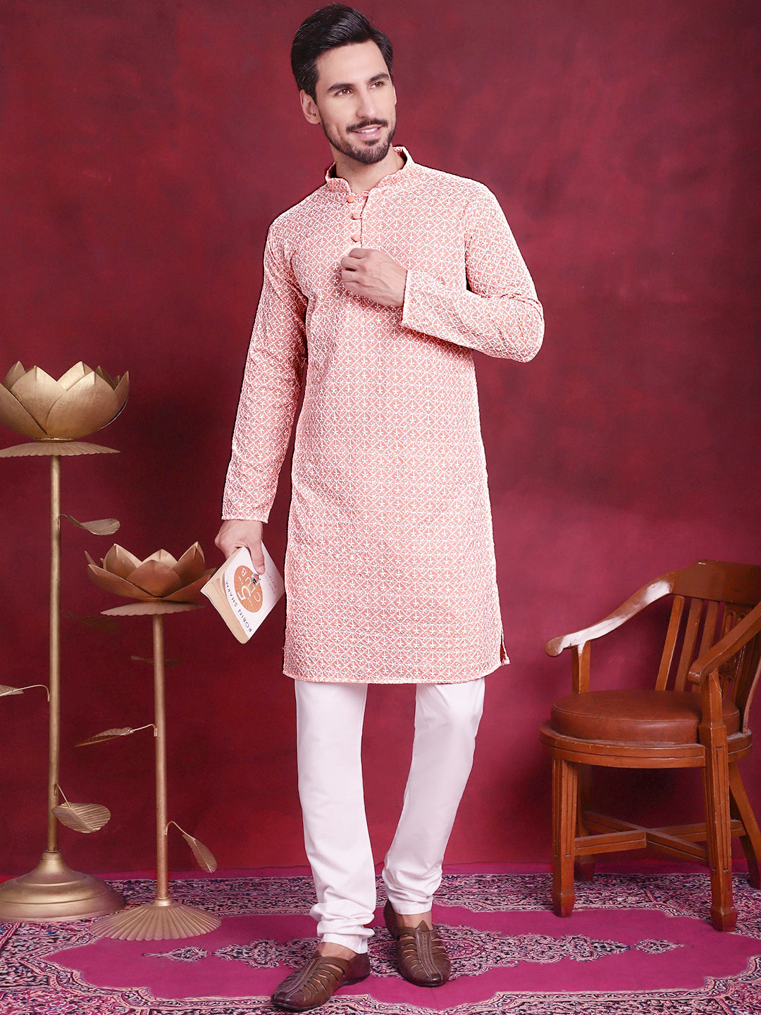 Jompers Men's Orange Embroidered Kurta Payjama Sets ( JOKP 626 Orange )