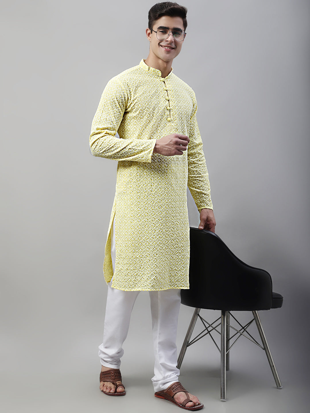 Jompers Men's Yellow Embroidered Kurta Only ( KO 626Yellow )