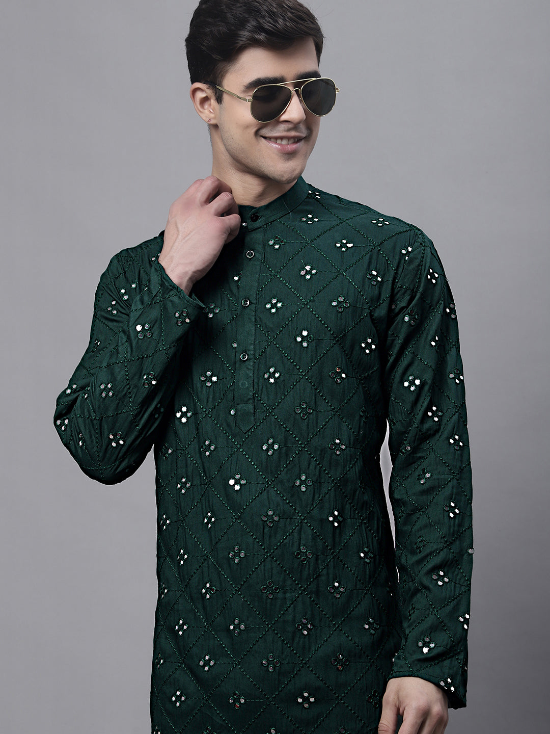 Men's Olive Green Embroidered Mirror Work Kurtas