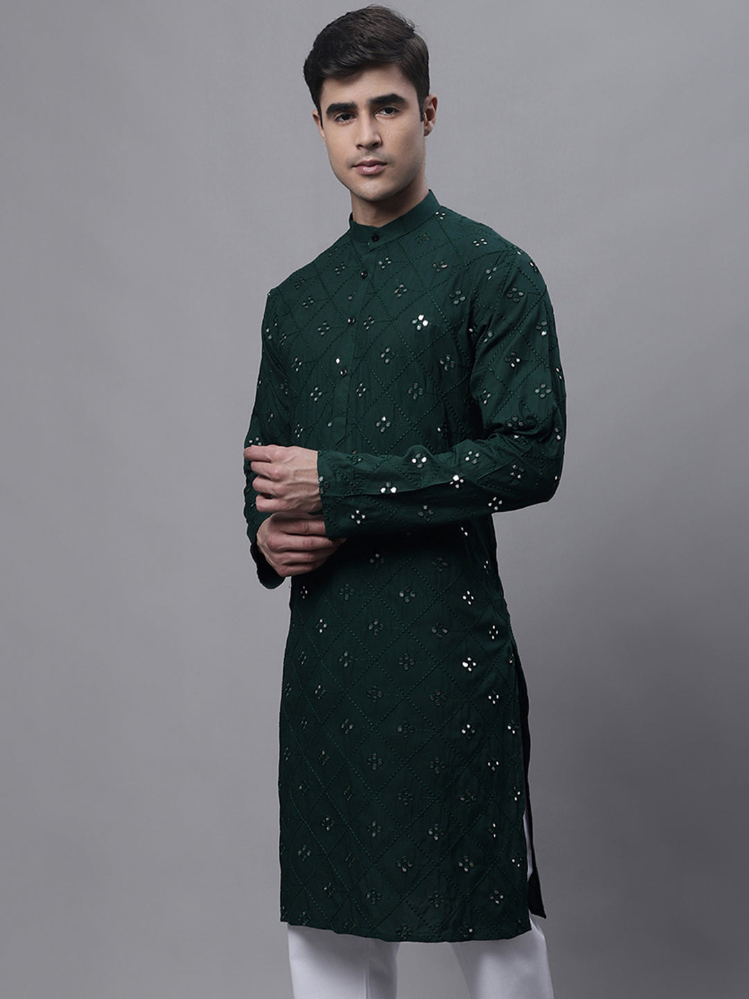 Men's Olive Green Embroidered Mirror Work Kurtas