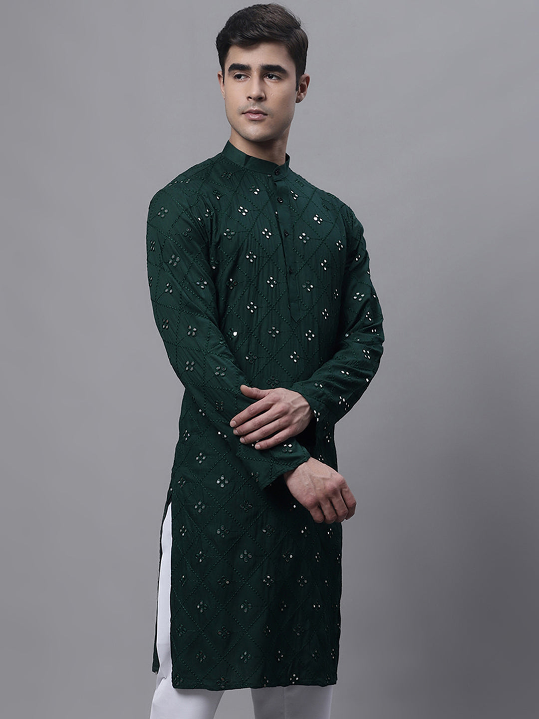 Men's Olive Green Embroidered Mirror Work Kurtas