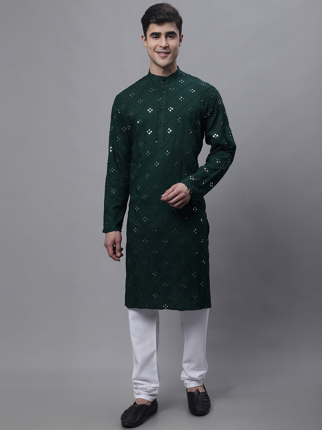 Men's Olive Green Embroidered Mirror Work Kurtas