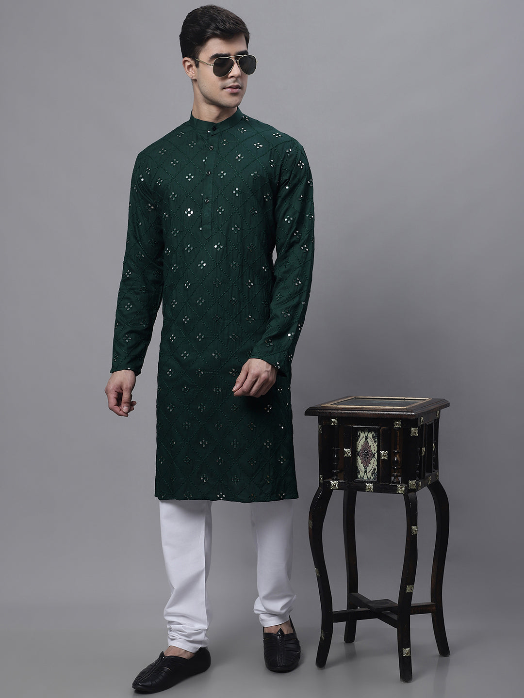 Men's Olive Green Embroidered Mirror Work Kurtas