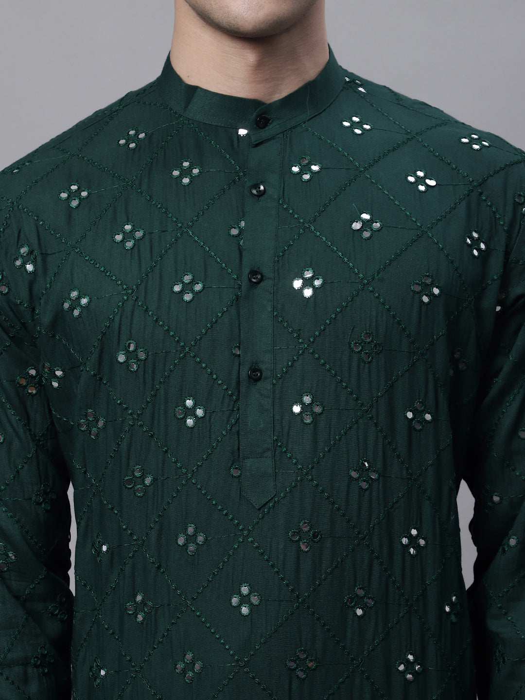 Men's Olive Green Embroidered Mirror Work Kurtas