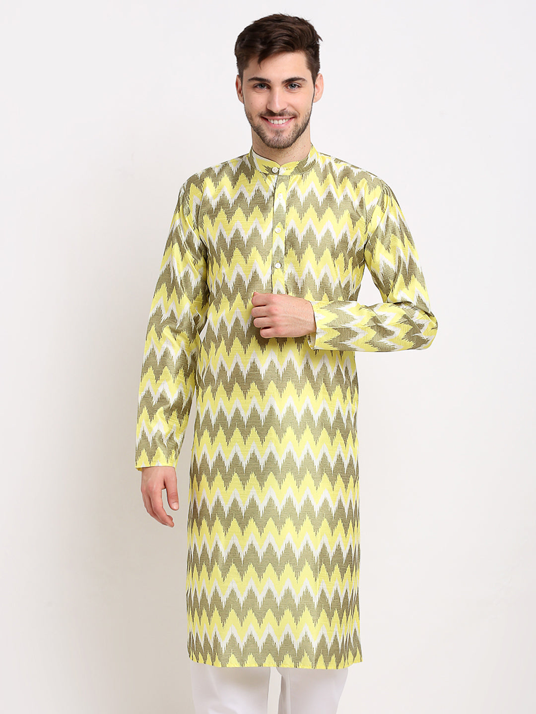 Jompers Men's Multi-Olive Dupion Ikkat Kurta Only ( KO 647Multi-Olive )