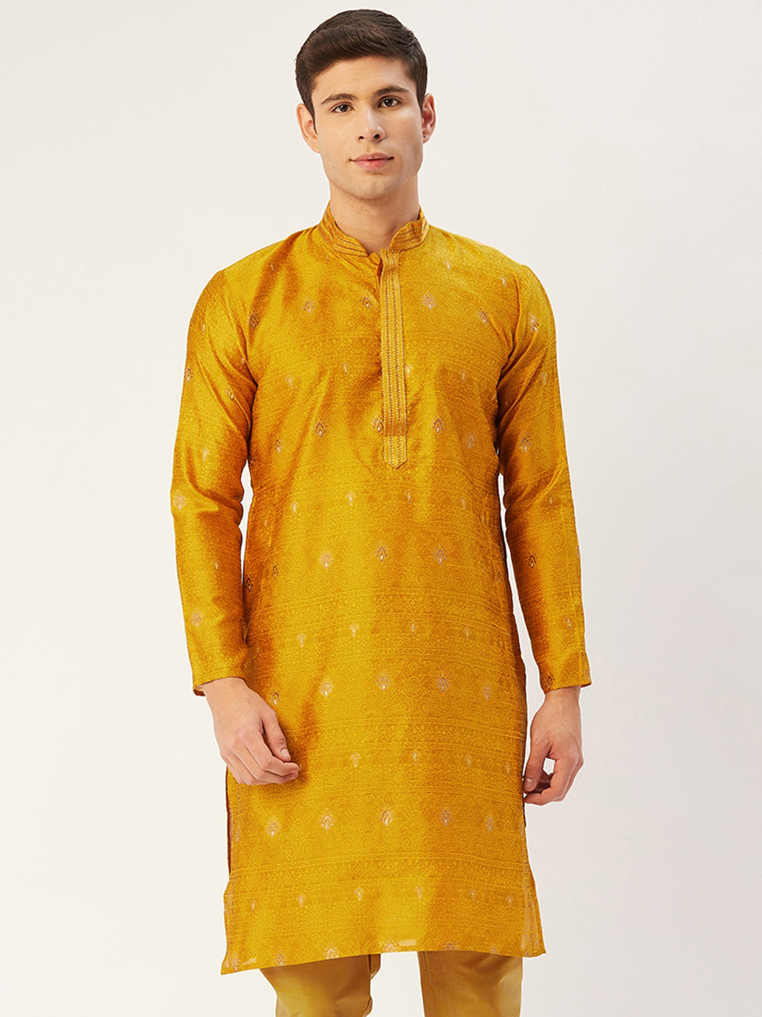 Jompers Men's Mustard Coller Embroidered Woven Design Kurta Only ( KO 649Mustard )