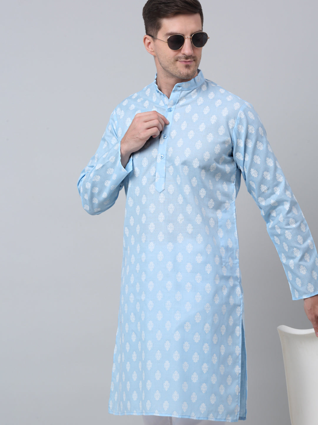 Jompers Men's Sky Cotton Floral printed kurta Only ( KO 650Sky )