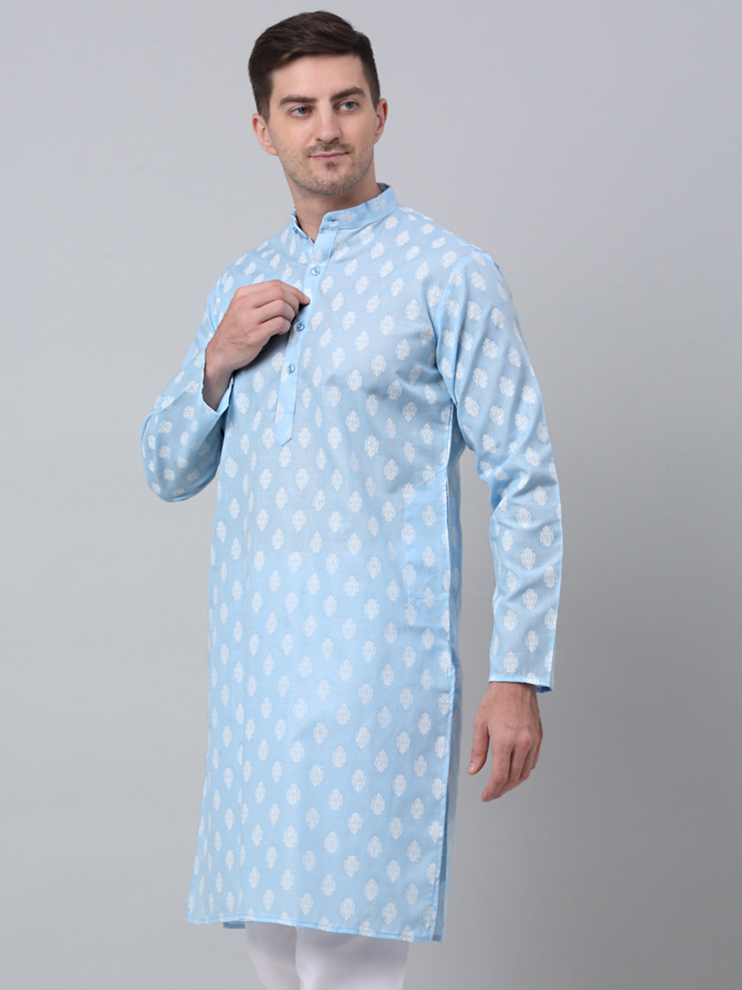 Jompers Men's Sky Cotton Floral printed kurta Only ( KO 650Sky )