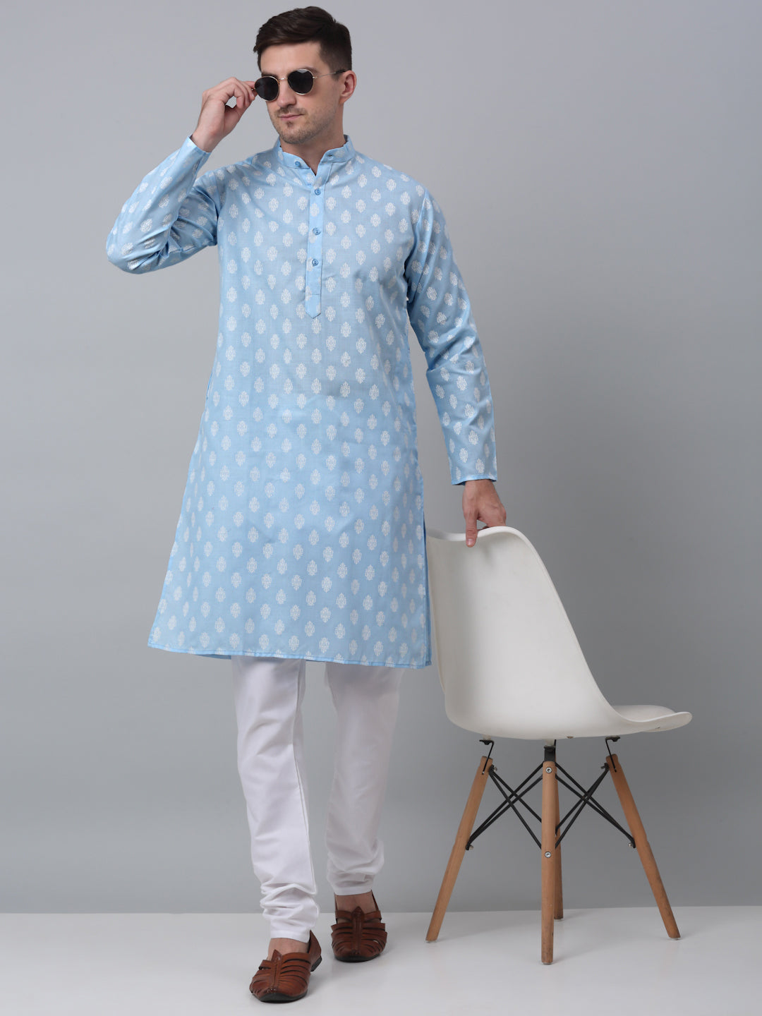 Jompers Men's Sky Cotton Floral printed kurta Only ( KO 650Sky )
