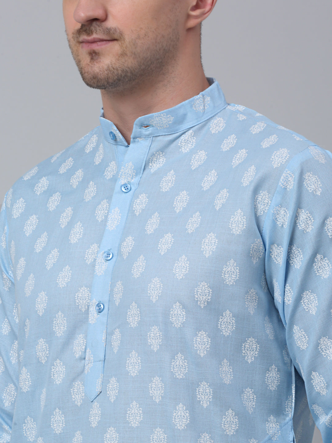 Jompers Men's Sky Cotton Floral printed kurta Only ( KO 650Sky )