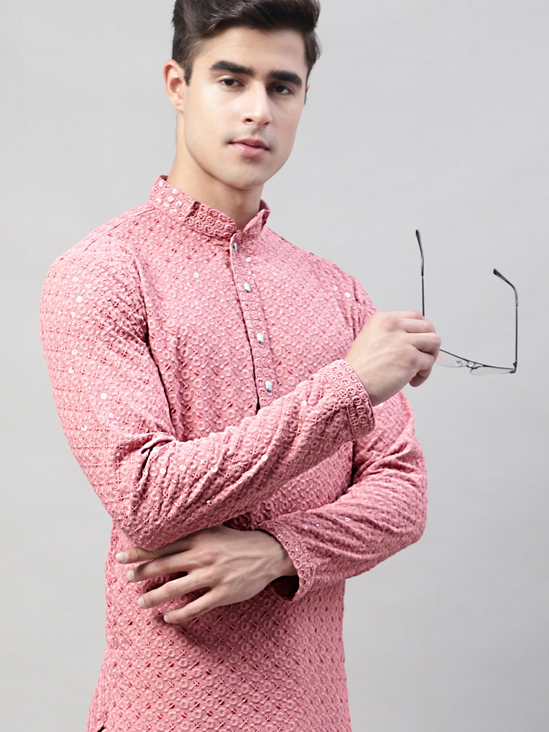 Men Coral Red Chikankari Embroidered and Sequence Kurtas