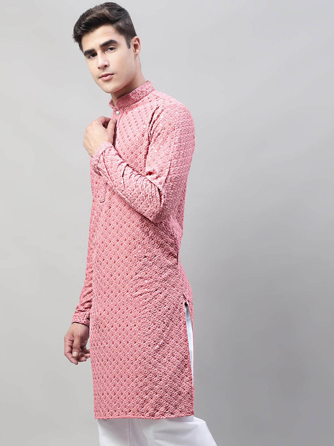 Men Coral Red Chikankari Embroidered and Sequence Kurtas
