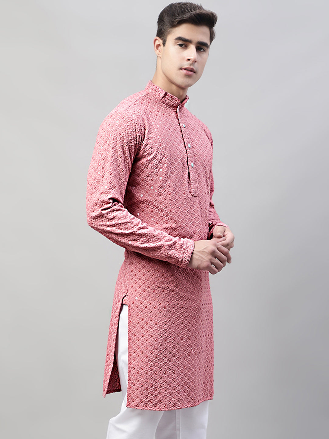 Men Coral Red Chikankari Embroidered and Sequence Kurtas