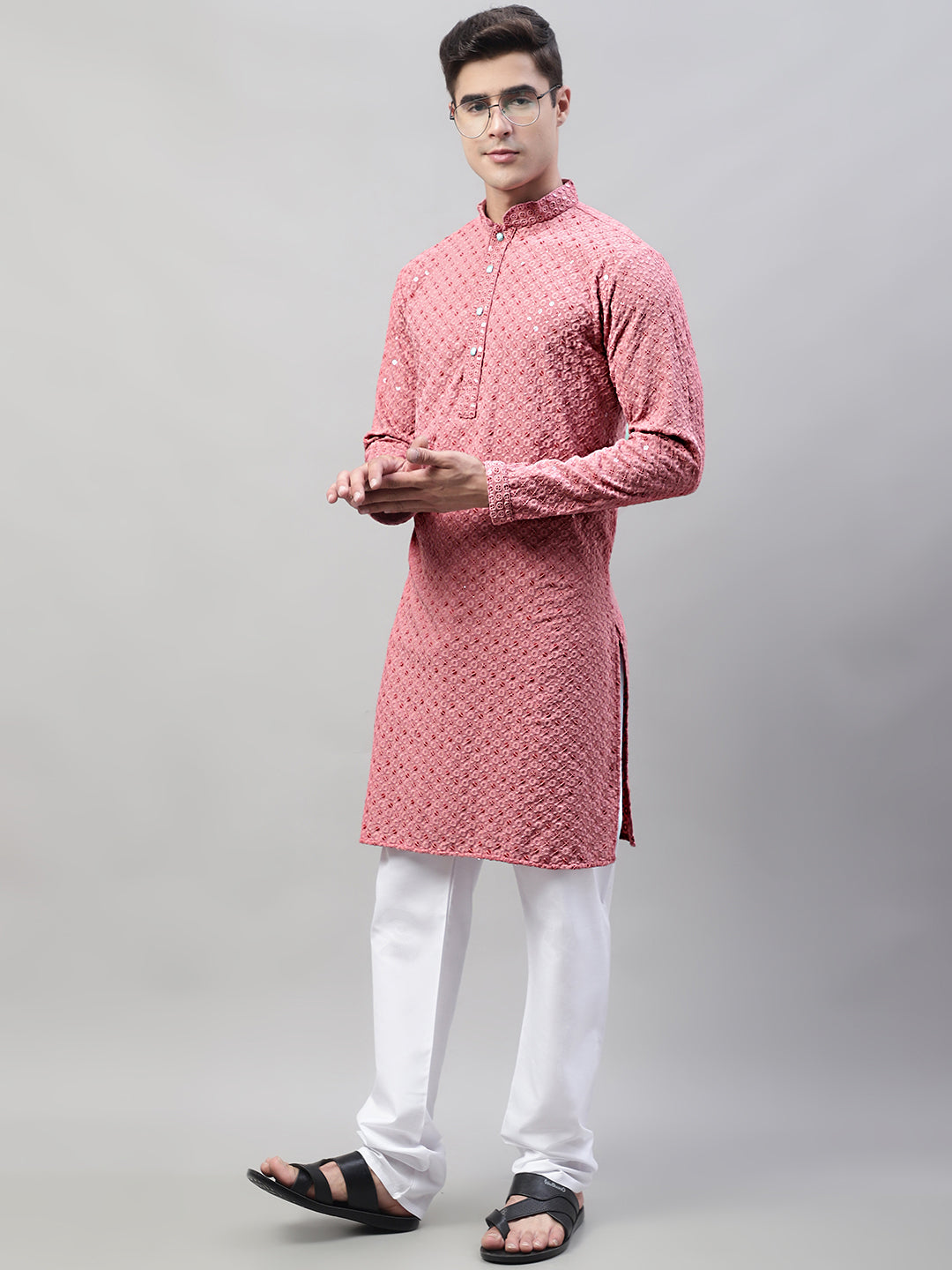 Men Coral Red Chikankari Embroidered and Sequence Kurtas