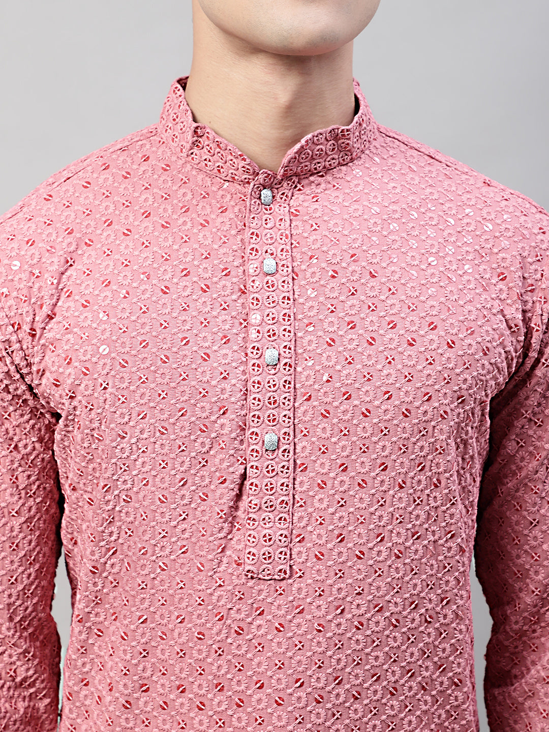 Men Coral Red Chikankari Embroidered and Sequence Kurtas