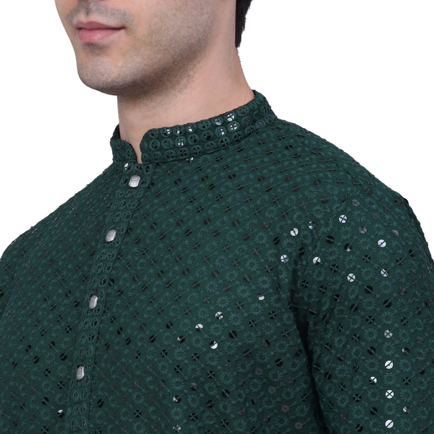 Embroidered & Sequins Cotton Kurta ( ANMKO 678Olive )