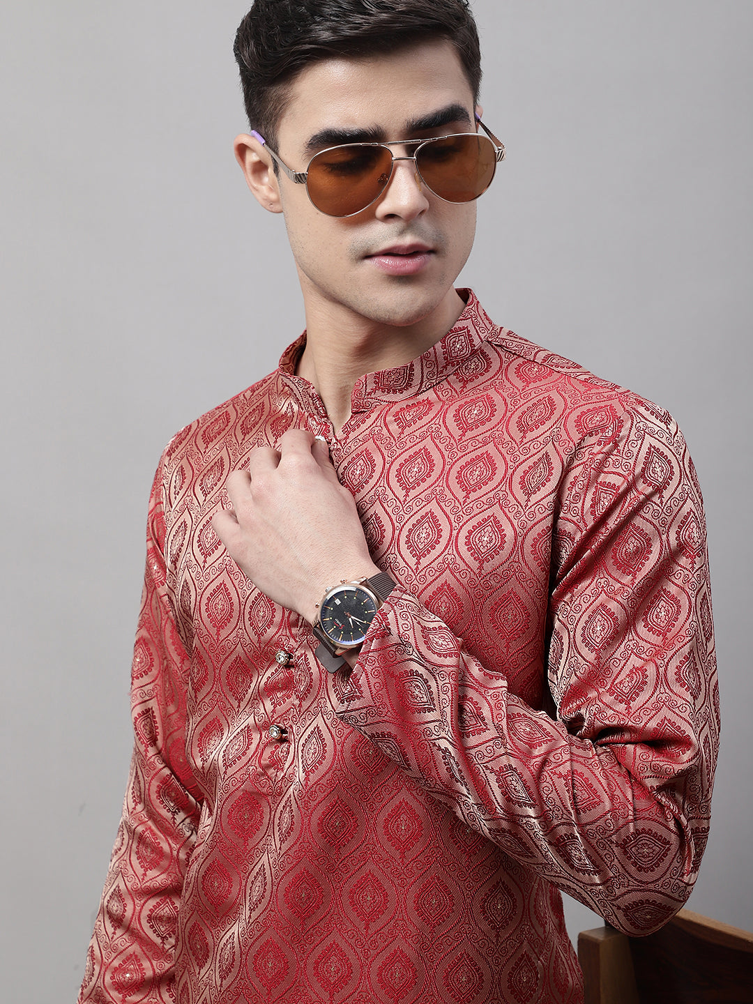 Men Ethnic Maroon Woven Design Kurtas