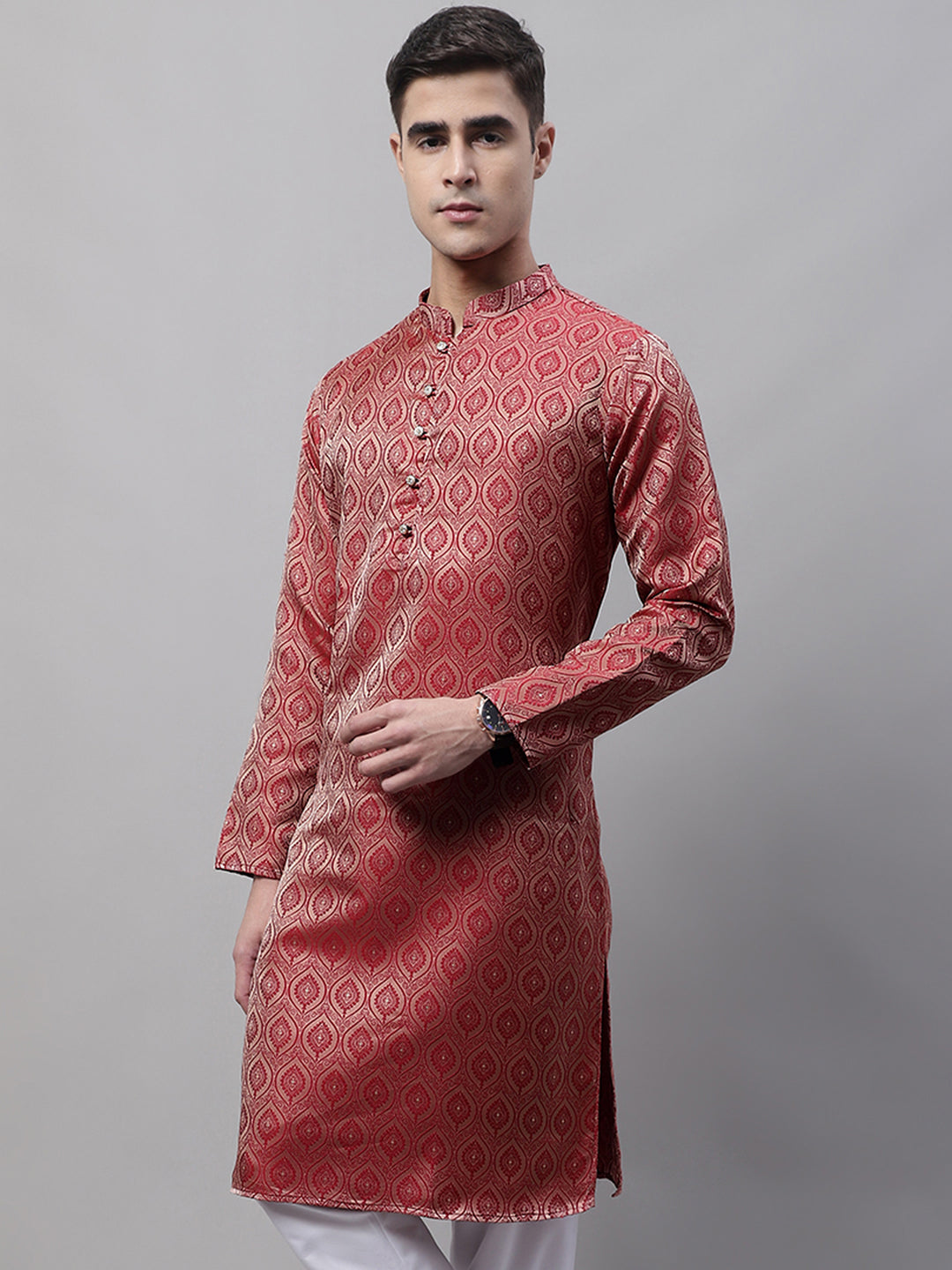 Men Ethnic Maroon Woven Design Kurtas