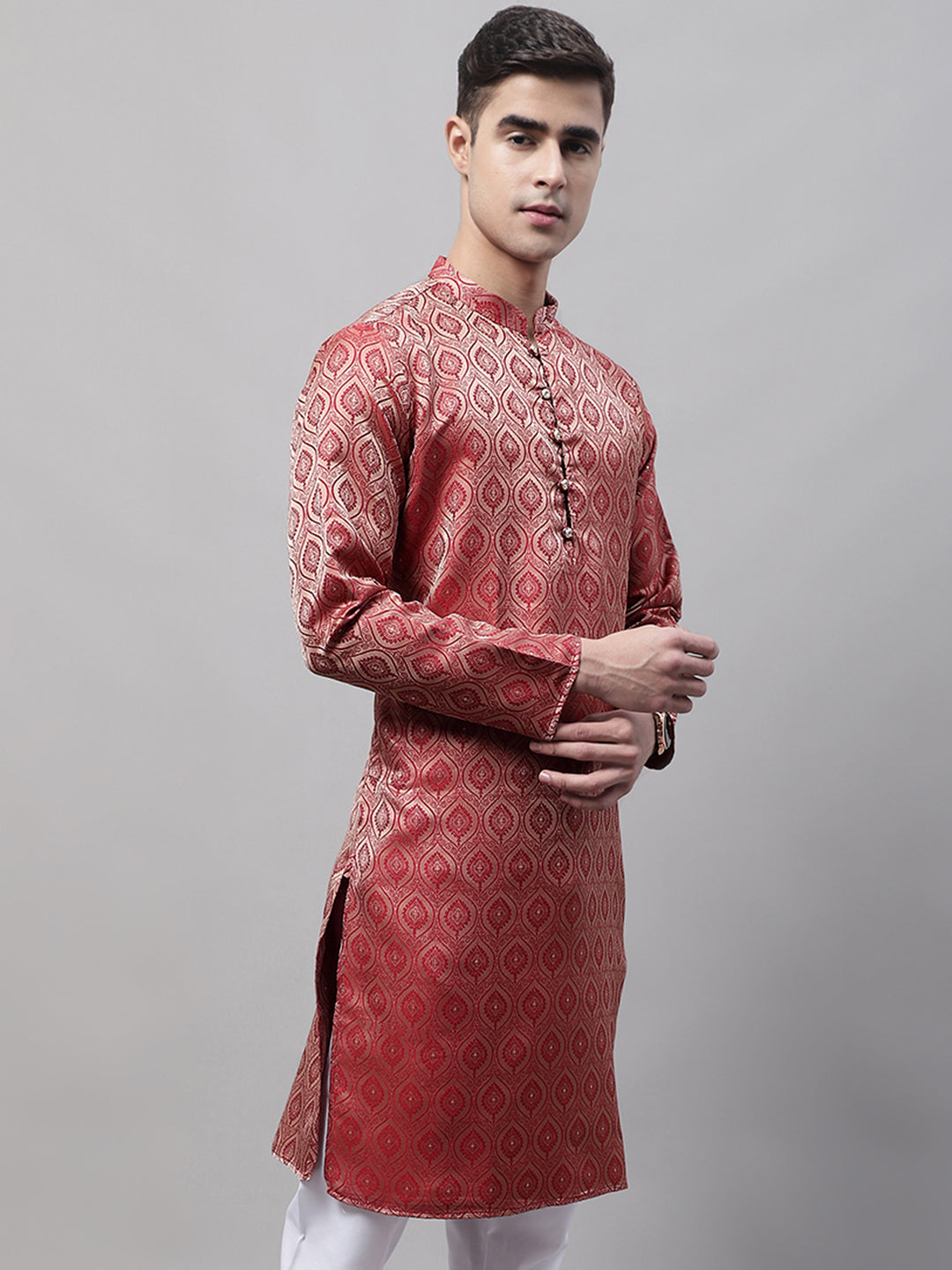 Men Ethnic Maroon Woven Design Kurtas