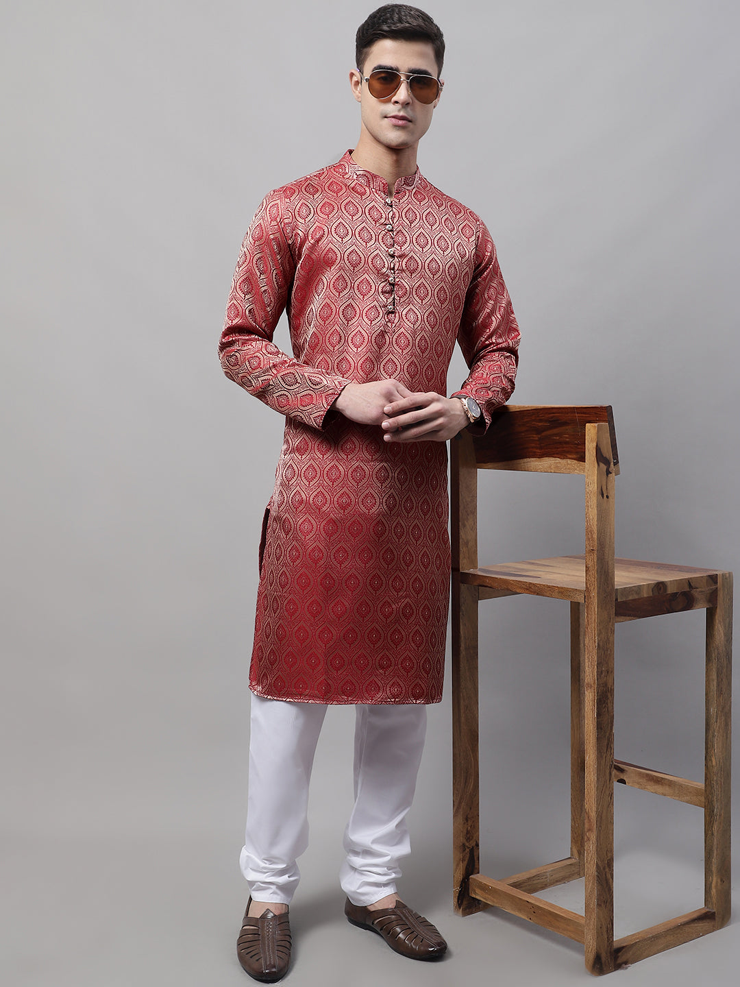 Men Ethnic Maroon Woven Design Kurtas