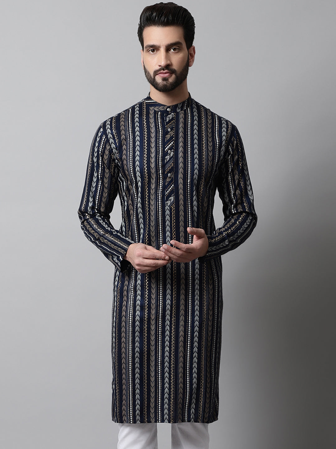 Men Navy Blue Foil Printed Kurtas