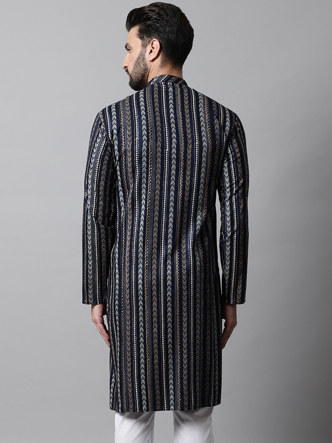 Men Navy Blue Foil Printed Kurtas
