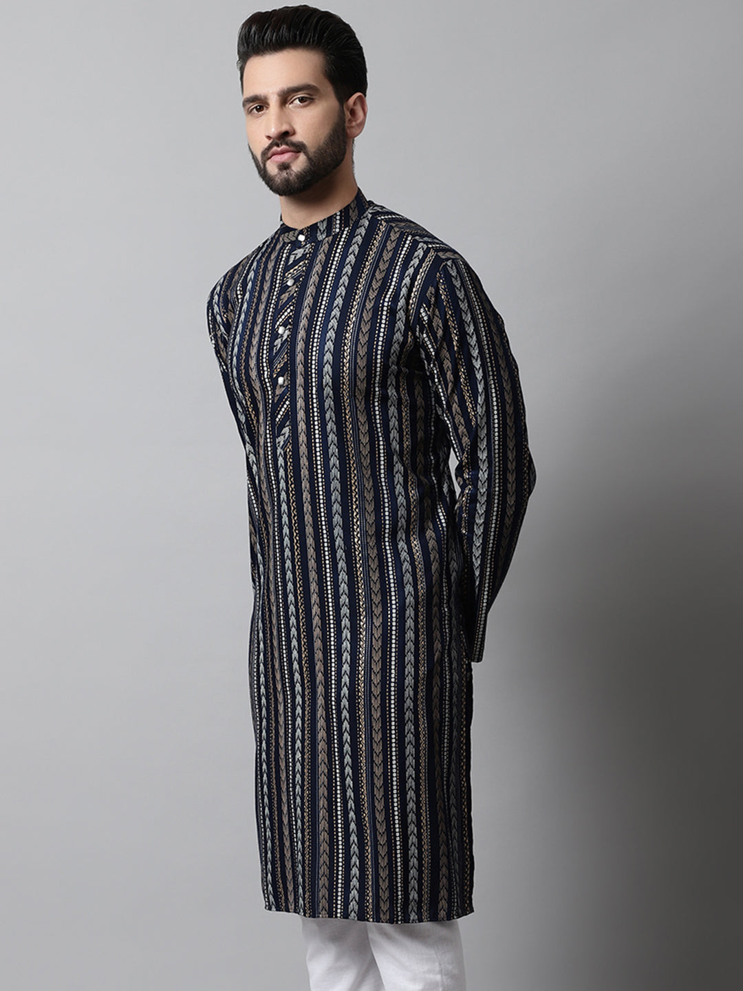 Men Navy Blue Foil Printed Kurtas
