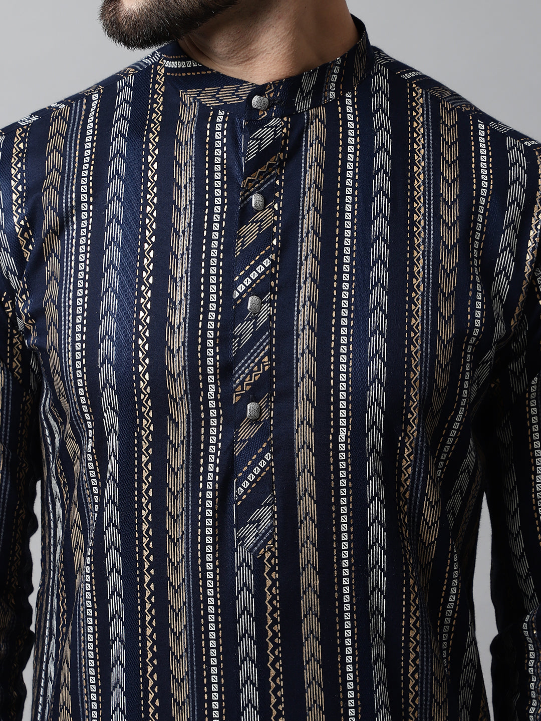 Men Navy Blue Foil Printed Kurtas