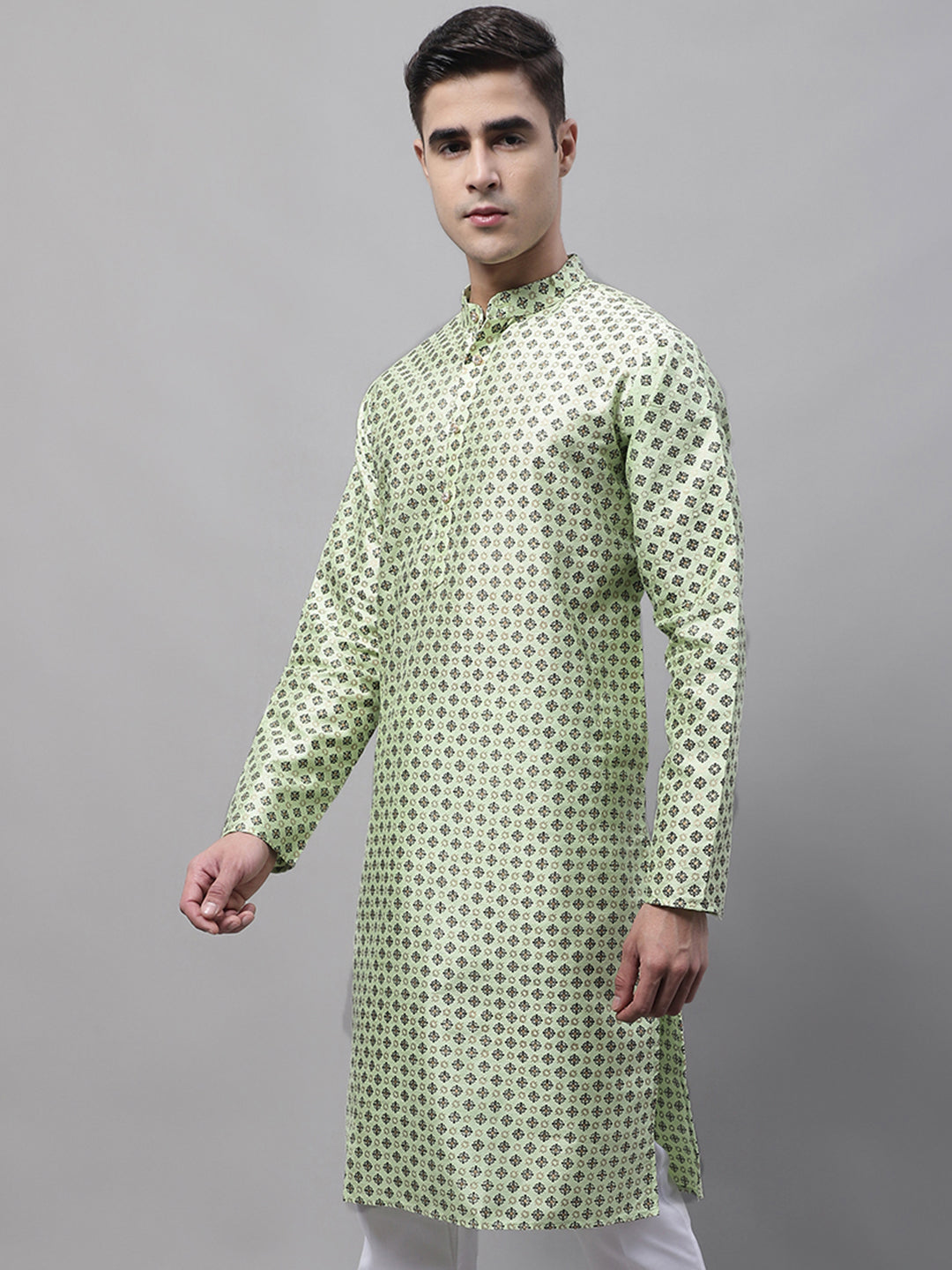 Men's Pista Green Printed Silk Blend Kurtas