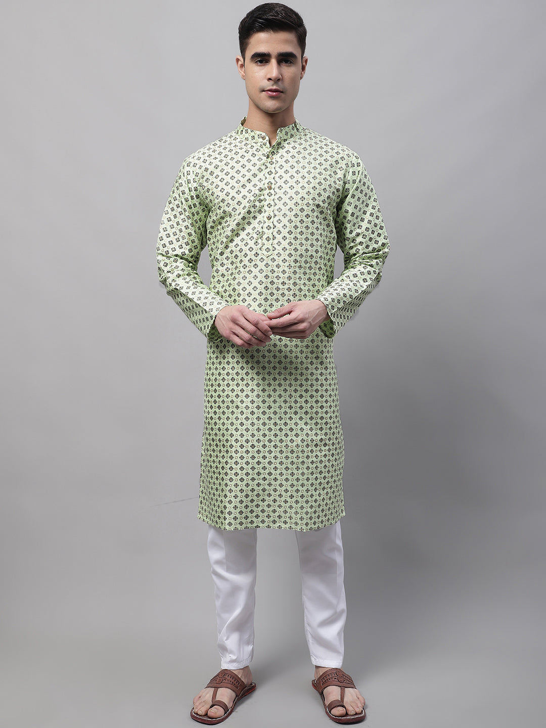 Men's Pista Green Printed Silk Blend Kurtas