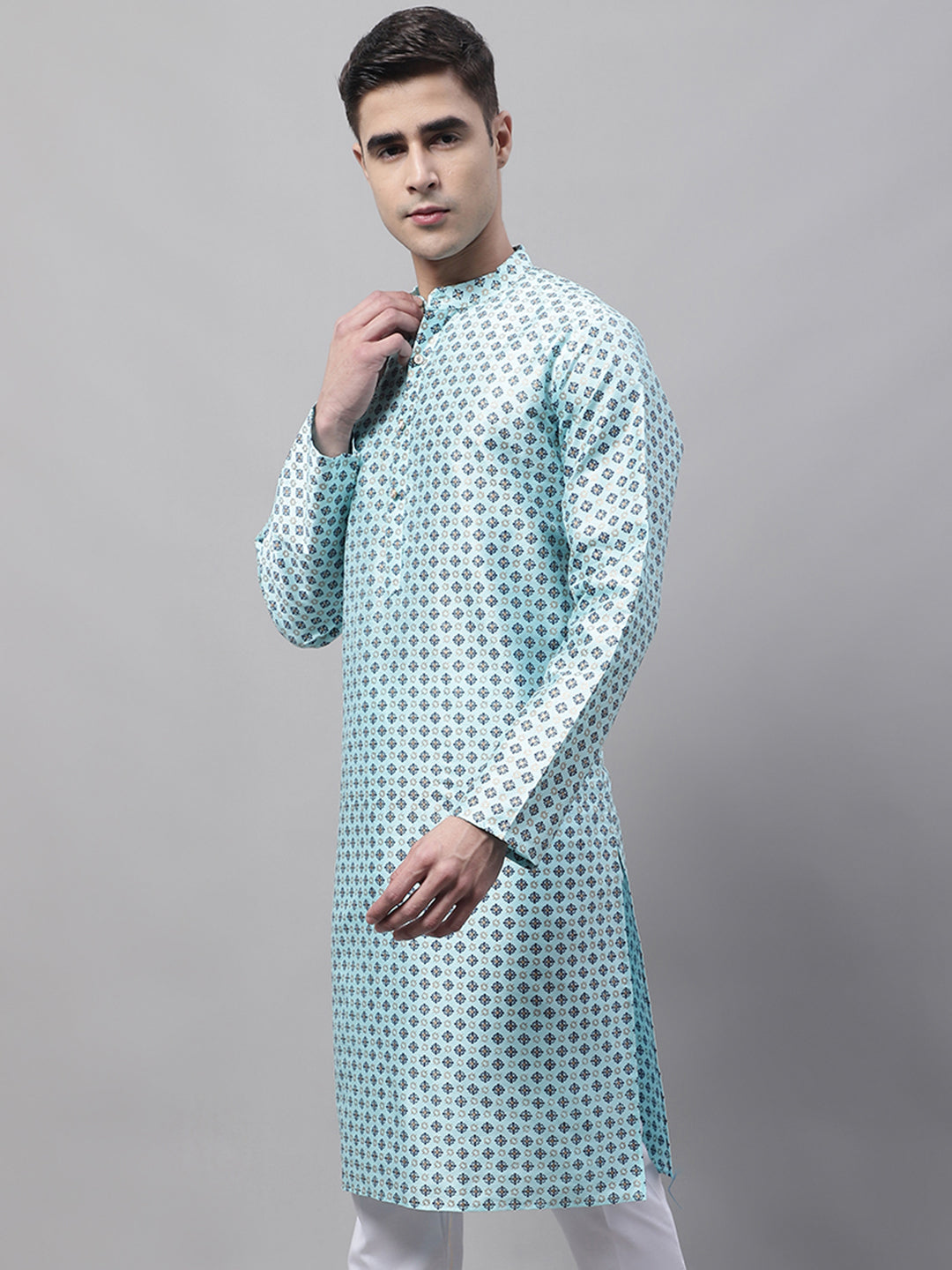 Men's Sky Blue Printed Silk Blend Kurtas