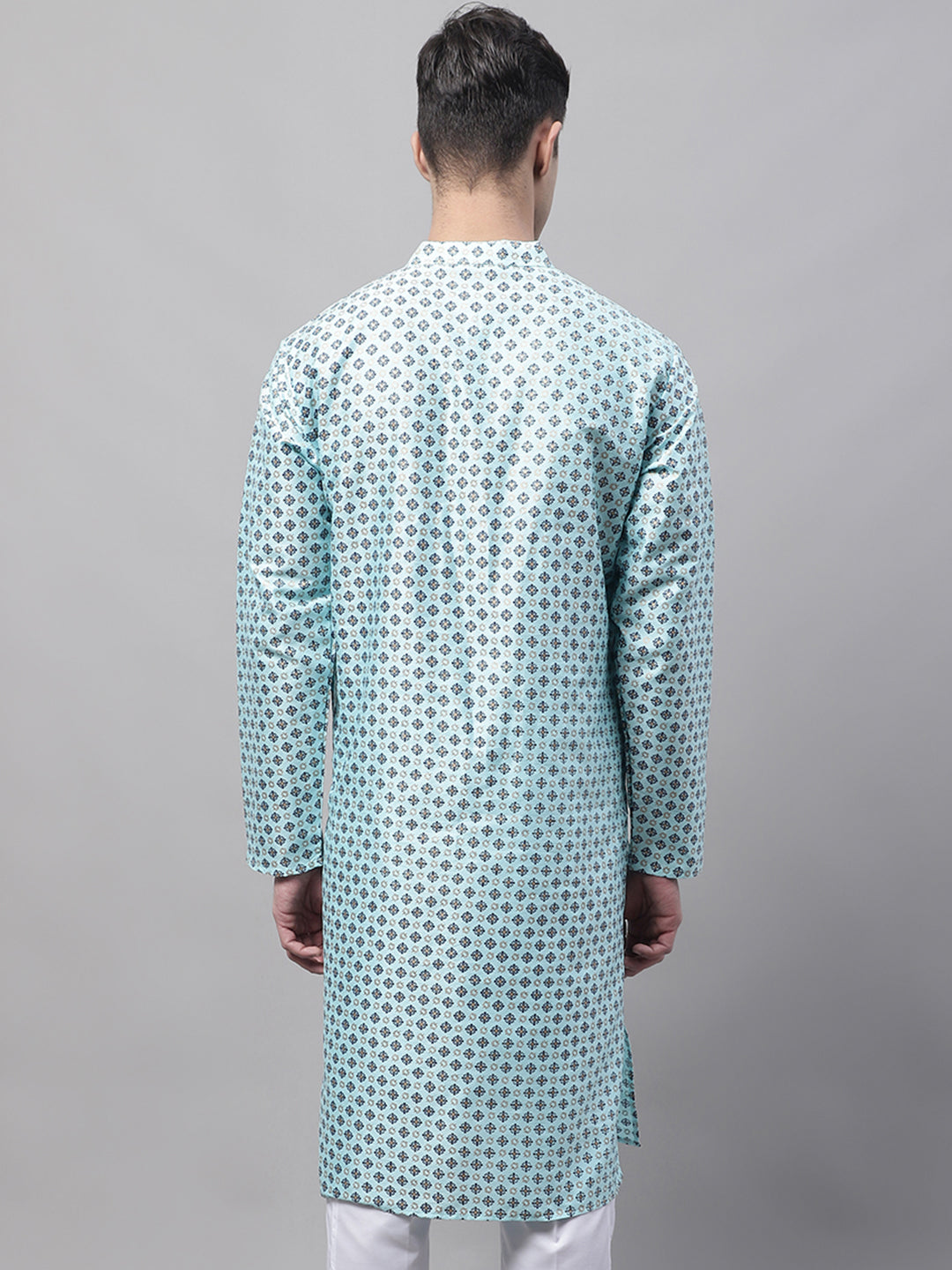 Men's Sky Blue Printed Silk Blend Kurtas