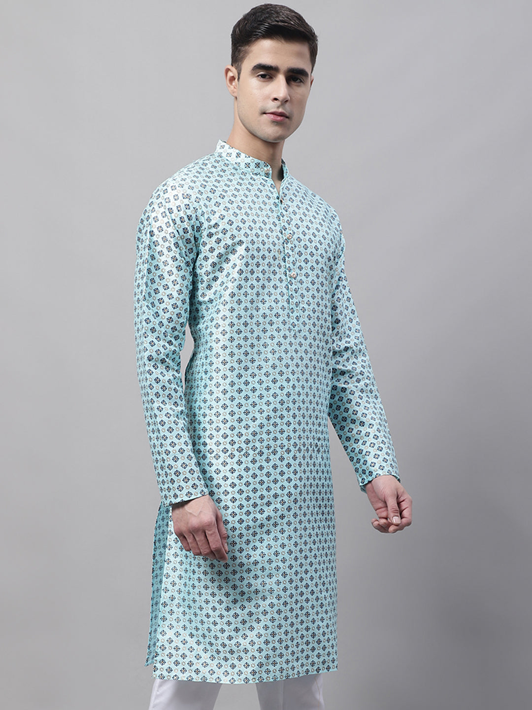 Men's Sky Blue Printed Silk Blend Kurtas