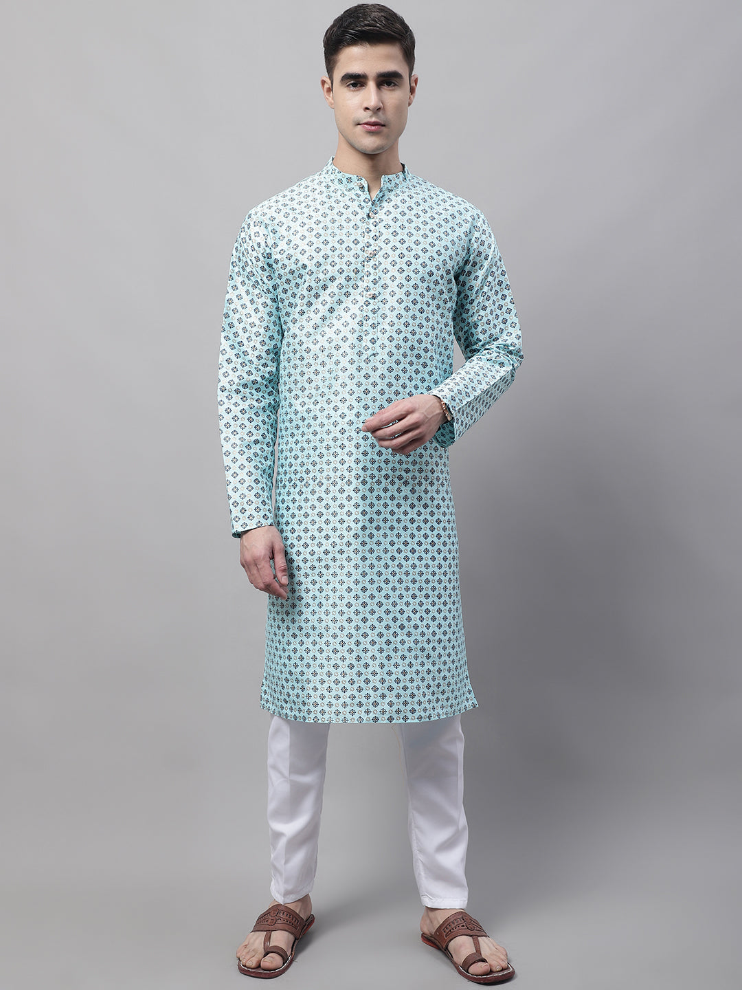 Men's Sky Blue Printed Silk Blend Kurtas