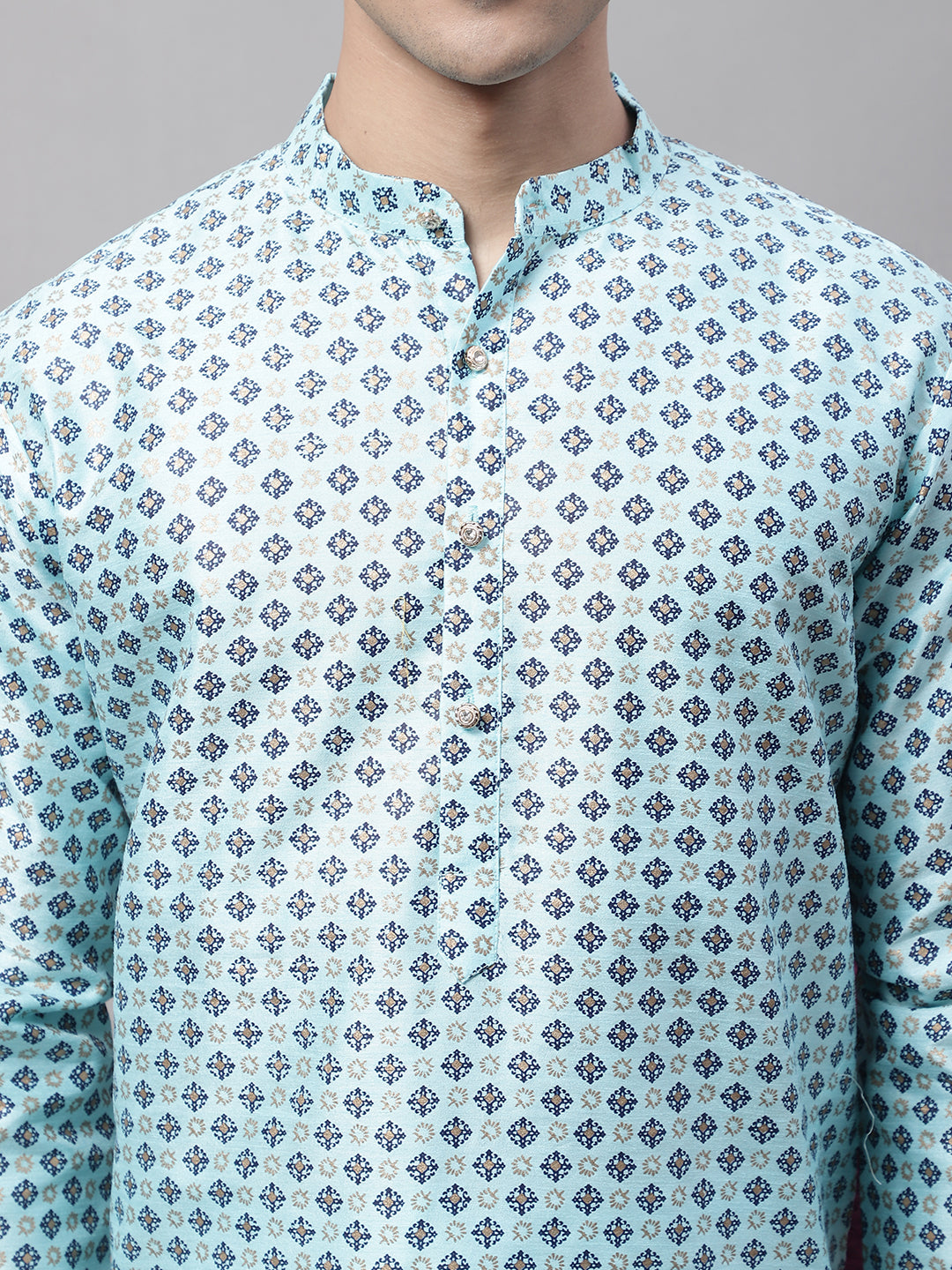 Men's Sky Blue Printed Silk Blend Kurtas