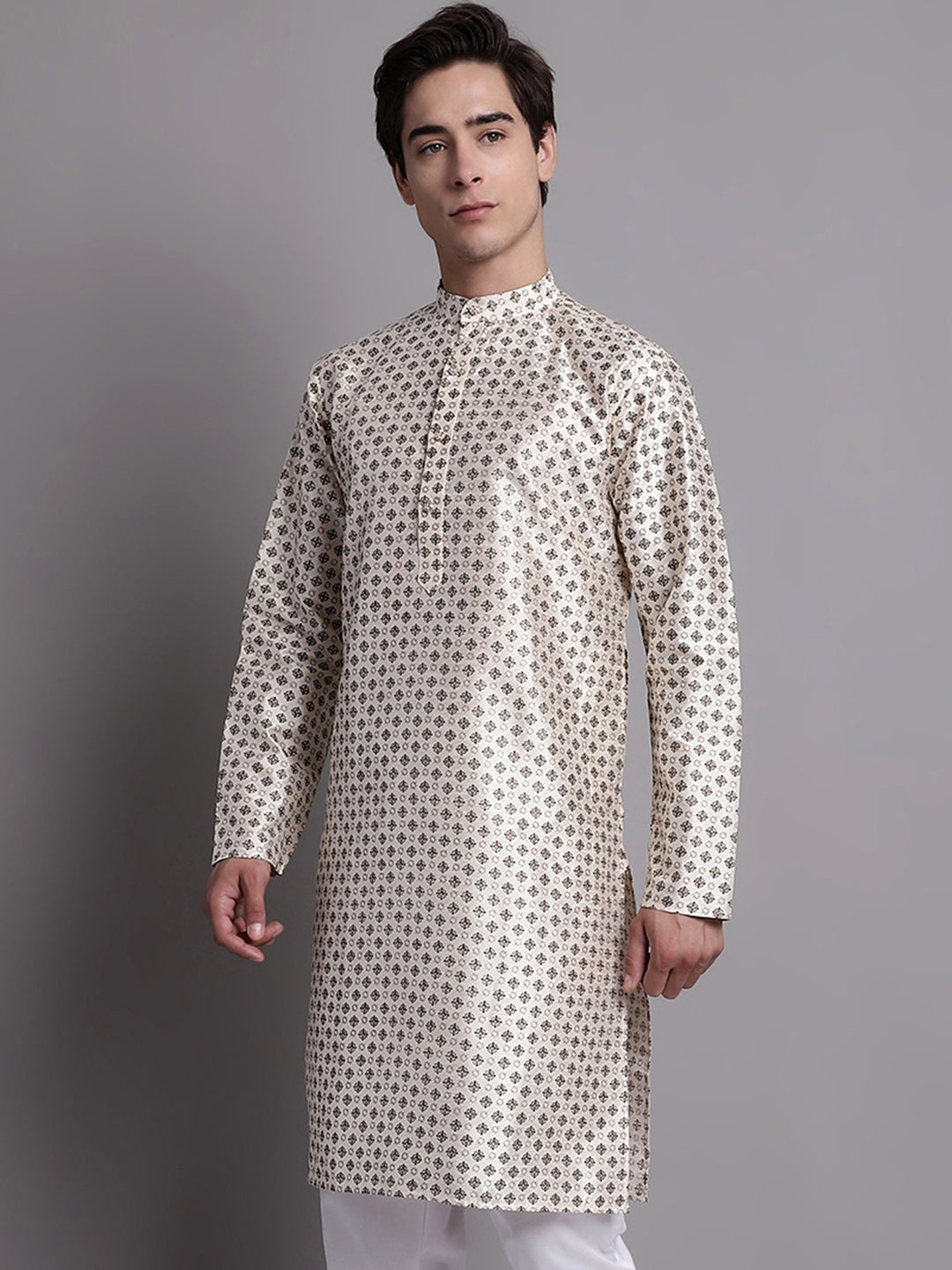 Men's Grey Printed Silk Blend Kurta