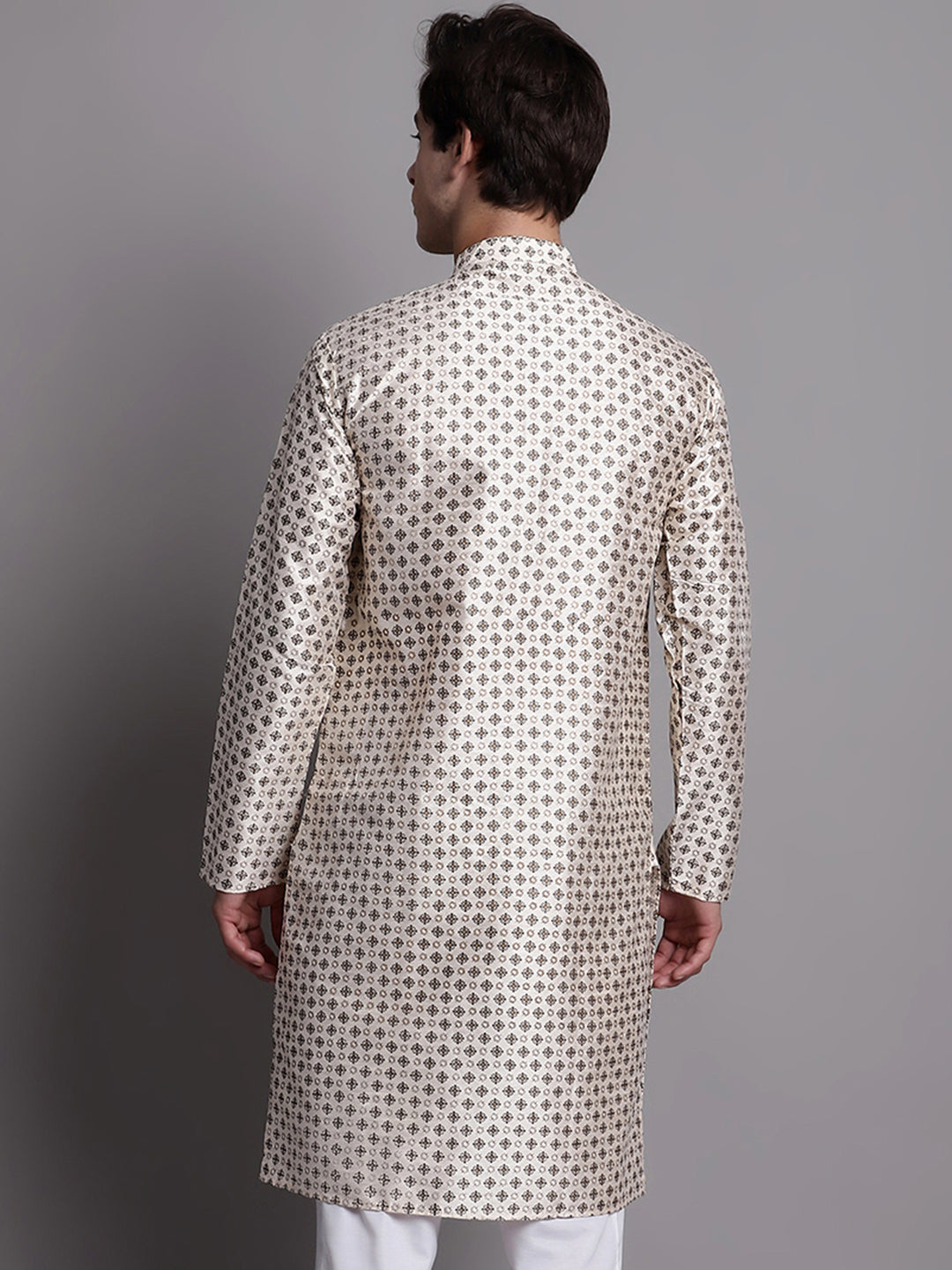 Men's Grey Printed Silk Blend Kurta