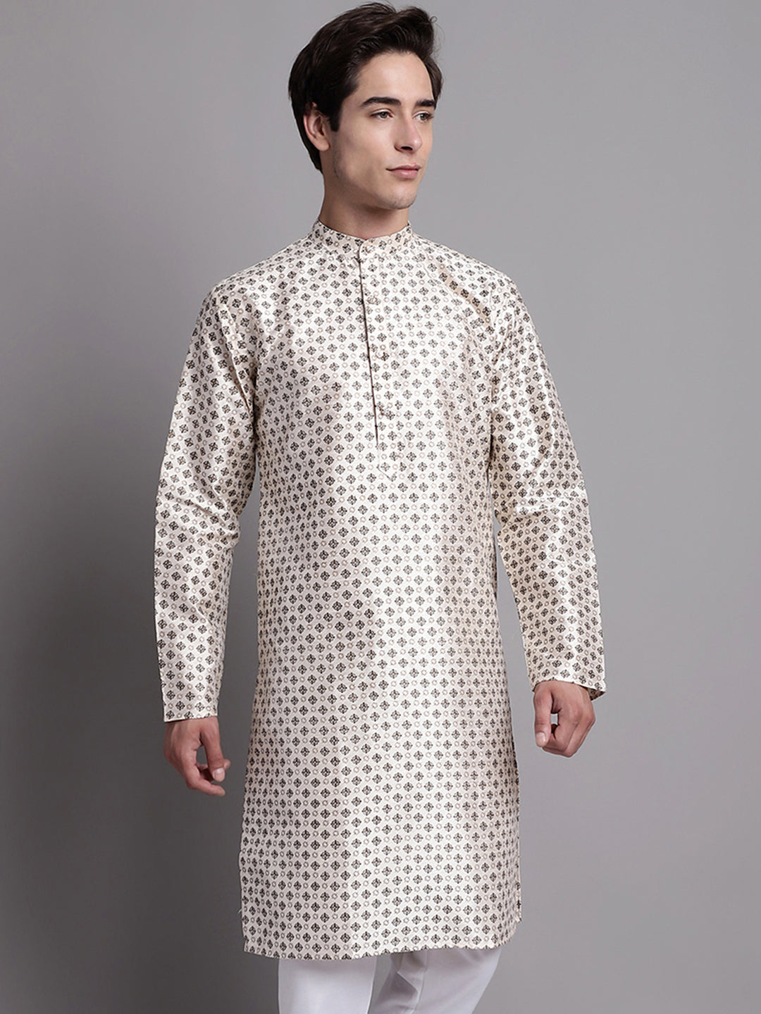 Men's Grey Printed Silk Blend Kurta